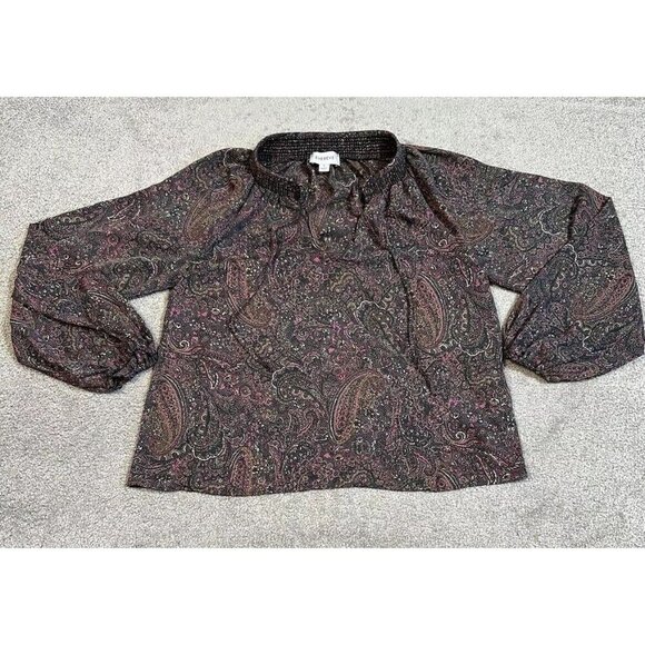 Evereve Blouse Womens Small Brown Pink‎ Paisley Kyra Peasant Blouse V Neck - Picture 2 of 13